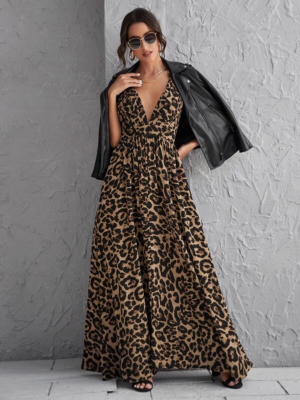 Vestido Longo Com Estampa de Onça